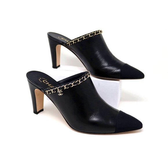 Chanel 38.5 2 Tone Leather Grosgrain Leather Mule Chain CC Detail Heel Boots - Picture 3 of 14